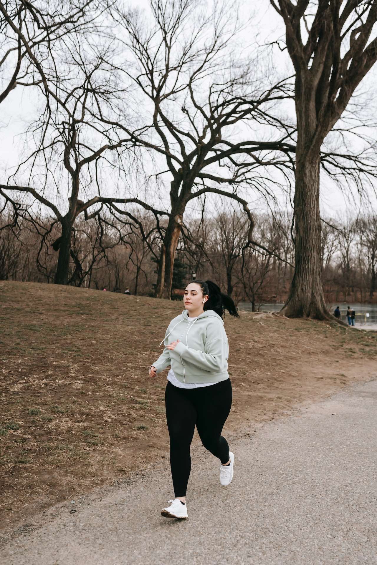 Plump sportswoman jogging in leafless park 