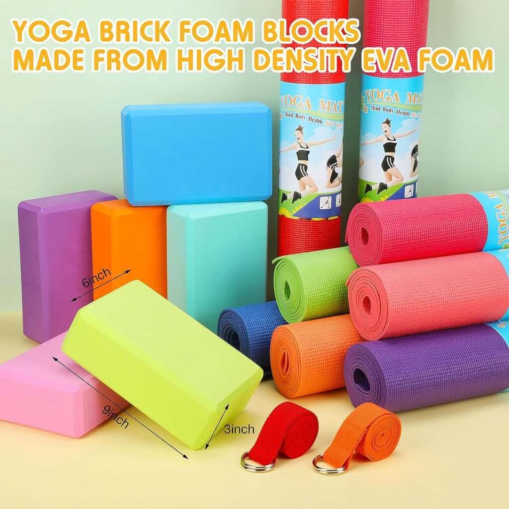 18 Pcs Yoga Starter Kit 6 Pcs Yoga Mats Bulk 68 x 24 x 0.16 Inch, 6 Pcs Yoga Straps and 6 Pcs Yoga Foam Blocks Non Slip Exercise Mat Workout Mat Yoga Block Strap for Pilates Yoga Gym Workout, 6 Colors