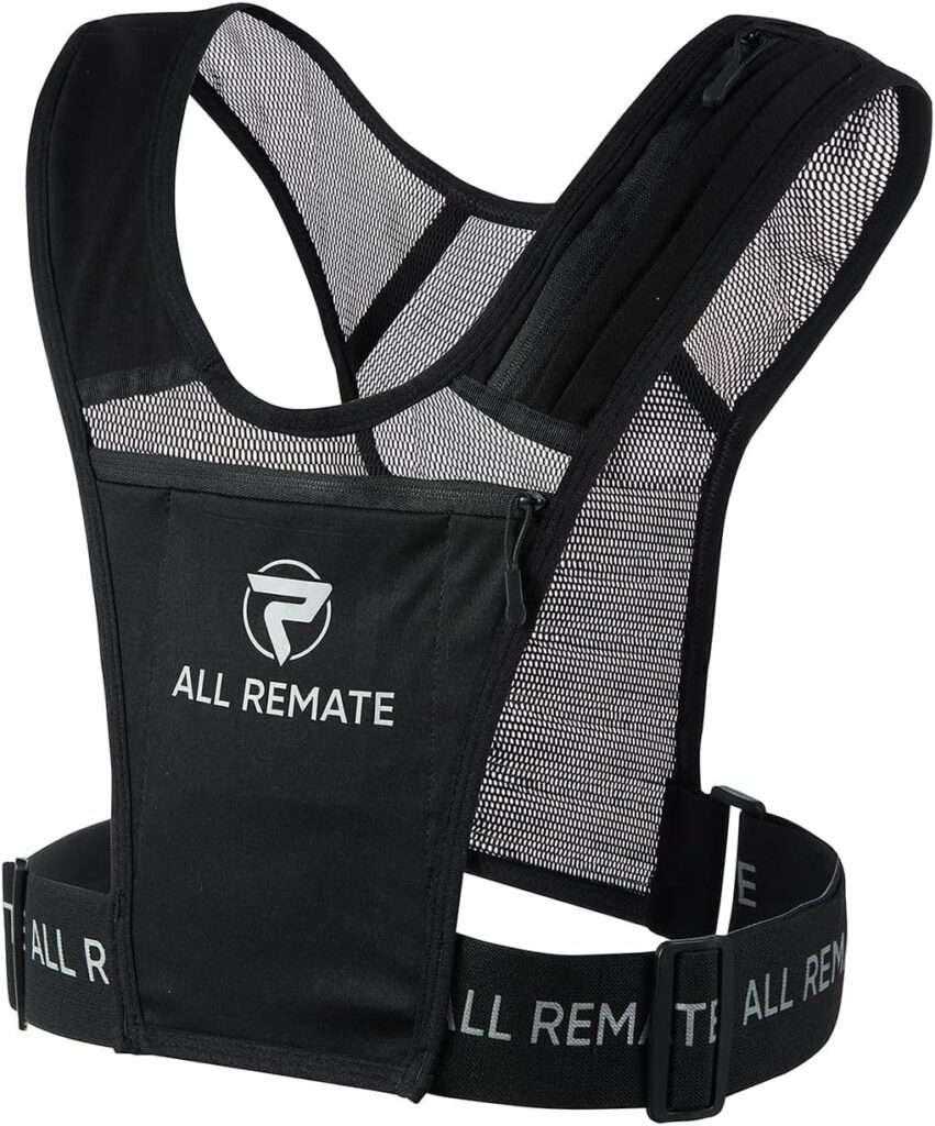 ALL REMATE Running Vest Chest Phone Holder, Adjustable Reflective Training Workout Gear with Mesh Pocket – Breathable, Light Weight, Comfortable with Phone and Card Pockets.