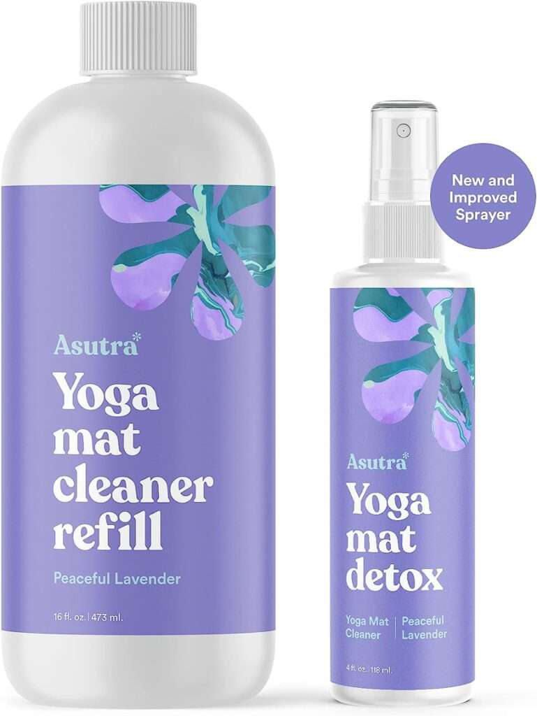 ASUTRA Natural  Organic Yoga Mat Cleaner (Peaceful Lavender Aroma), 4 fl oz | Safe for All Mats  No Slippery Residue | Cleans, Restores, Refreshes | Comes w/ Microfiber Cleaning Towel