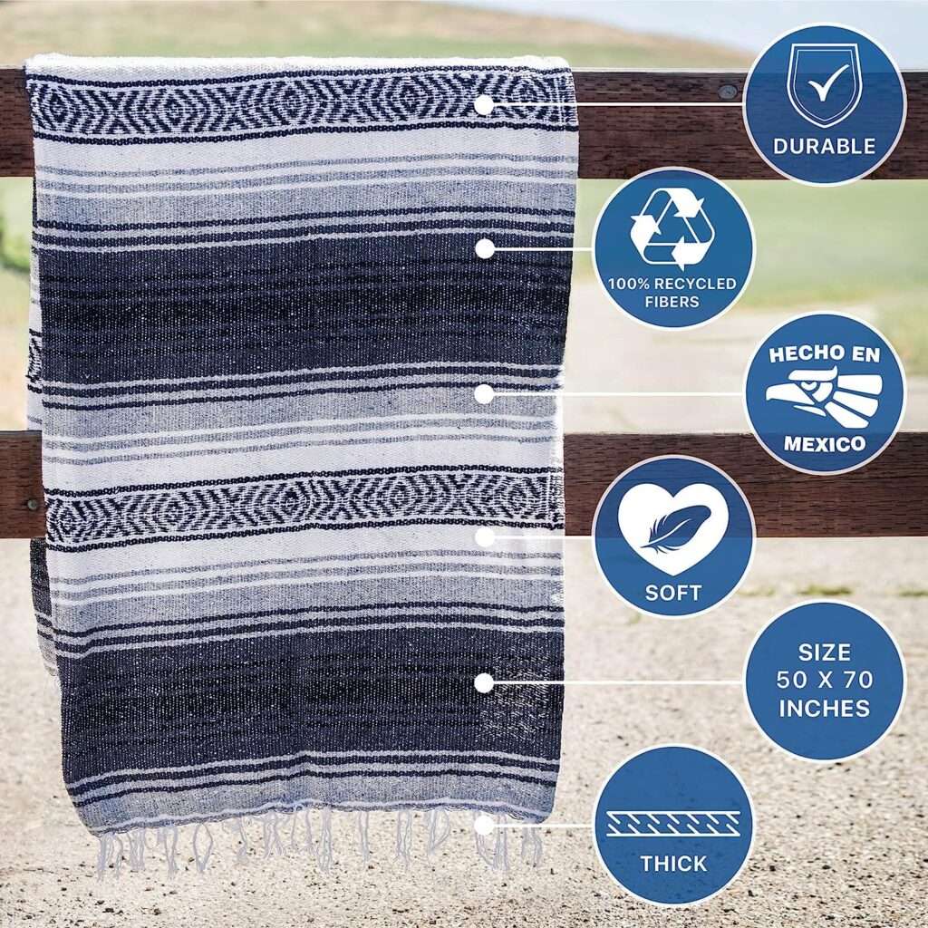 Benevolence LA Authentic Mexican Arcylic, Cotton Blanket, Handwoven Serape Blanket, Perfect for Beach, Picnic, Outdoor, Yoga, Camping, Car, Woven, Gray, 50x70 inches