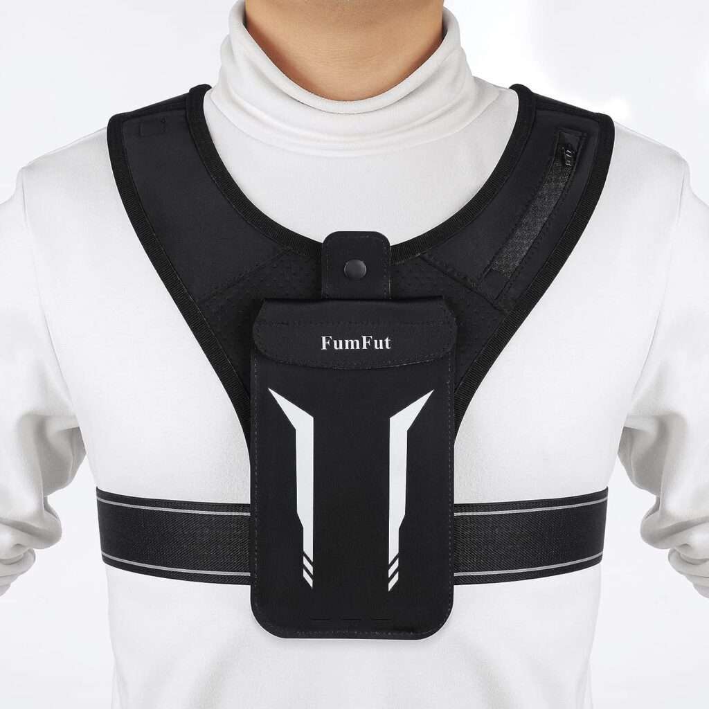 FUMFUT Running Vest Phone Holder, Chest Pouch, Lightweight Hydration Vest Phone Pouch | US Patented | Train Free | Key Clip Holder | Adjustable Straps | Waterproof | Reflective | Men  Women (Black)