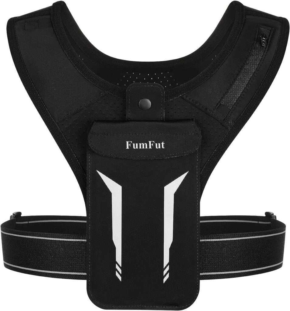 FUMFUT Running Vest Phone Holder, Chest Pouch, Lightweight Hydration Vest Phone Pouch | US Patented | Train Free | Key Clip Holder | Adjustable Straps | Waterproof | Reflective | Men  Women (Black)