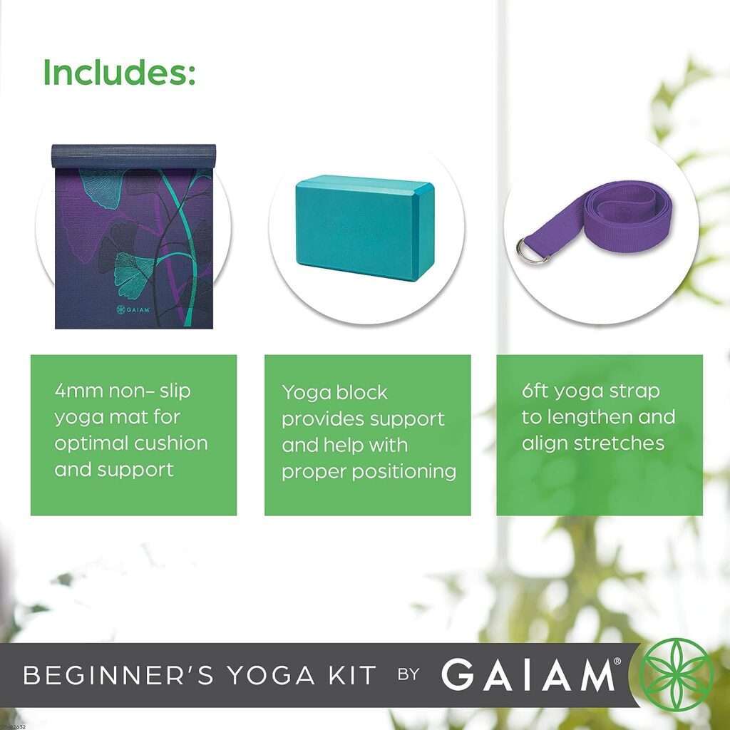 Gaiam Beginners Yoga Starter Kit Set (Yoga Mat, Yoga Block, Yoga Strap) - Light 4mm Thick Printed Non-Slip Exercise Mat for Everyday Yoga - Includes 6ft Yoga Strap  Yoga Brick
