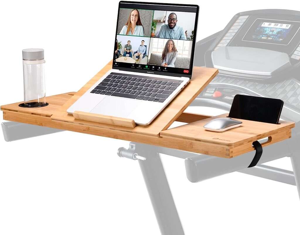 JOSHMAR Treadmill Desk Attachment â Premium Walking Desk Connected with Riser, Cup and Phone Holder. Adjustable Ergonomic Bamboo Treadmill Laptop Holder for Home or Office Workstations.