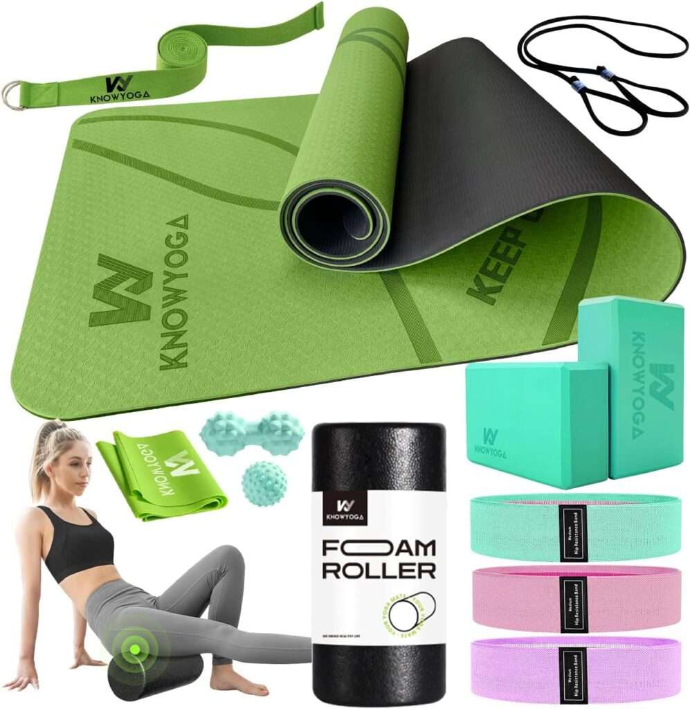 KNOWYOGA Yoga Starter Kit 12 in 1 - Yoga Set Include Yoga Mat, Foam Roller, 4 Resistance Bands, Yoga Blocks 2 Pack with Strap, 2 Peanut Massage Balls, Yoga kit and Sets for Beginners