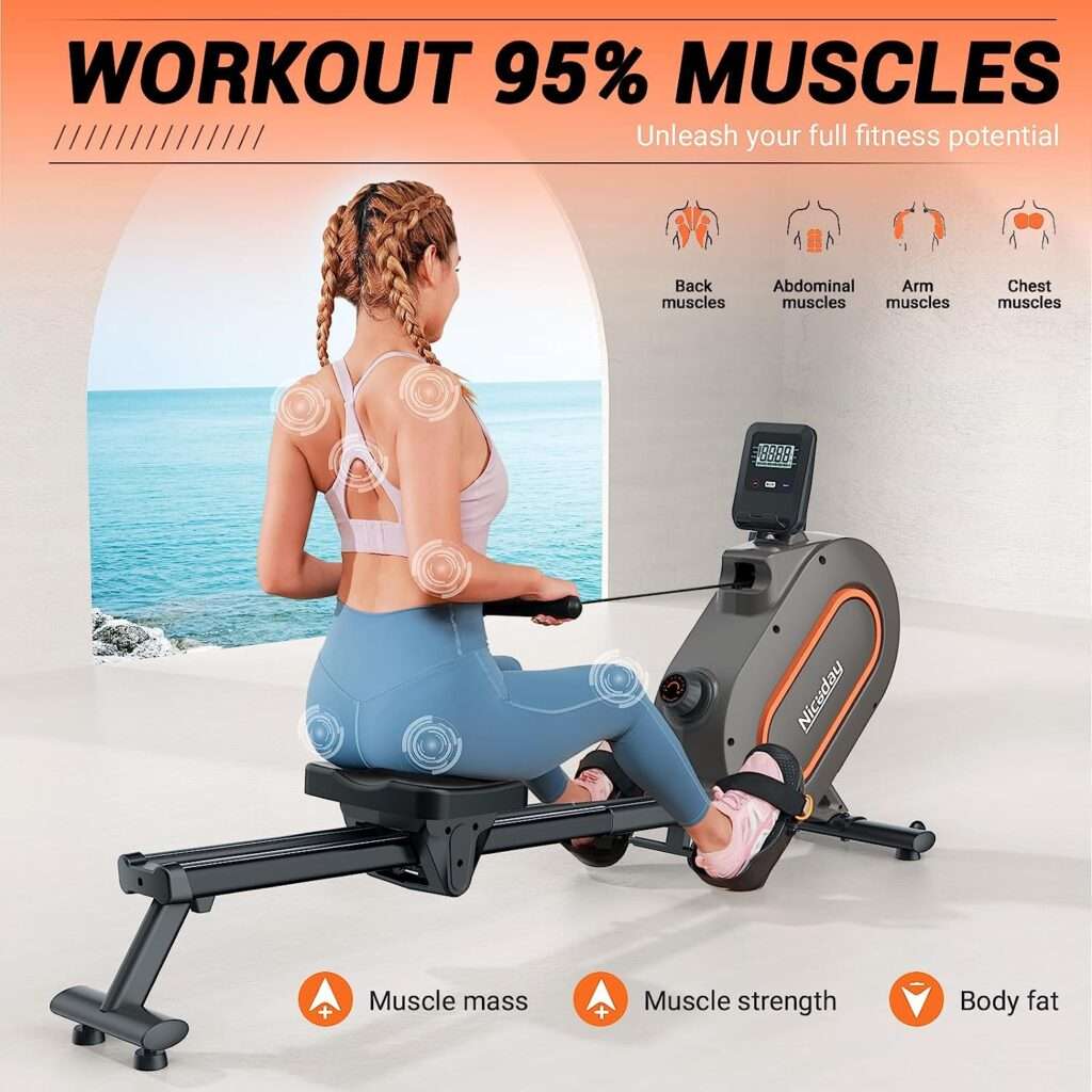 Niceday Rowing Machine, Magnetic Rowing Machine for Home Exercise, Rower with 350 LBS Loading Capacity  16 Levels of Resistance, Smart Rower Machine with Bluetooth  APP