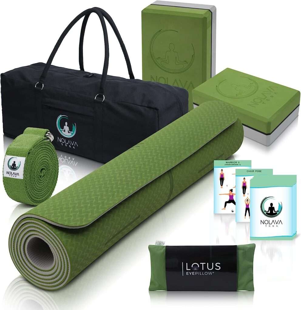 NOLAVA 7 Piece Yoga MAT Set - Yoga Mat Bag for Yoga Accessories|TPE ECO Friendly Yoga Mat | Yoga Blocks 2 Pack | Yoga Strap |Weighted Lavender Eye Pillow|Bonus Yoga Cards| Yoga Gift for Women, Men