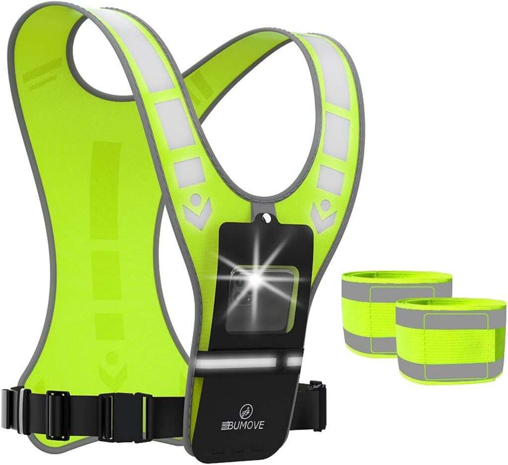 Reflective Vest with Phone Holder for Women Men Kids, BUMOVE Adjustable Safety Gear Bands for Night Running, Biking, Dog Walking, Bicycle Jogging (Green)