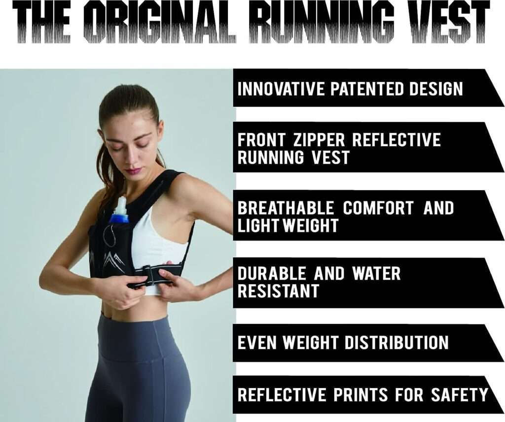 REVALI Running Vest, USA Original Patent, Zip Reflective Running Vests with 500ml Hydration Bottle, Adjustable Waistband  Breathable Material, Chest Pack Gear Phone Holder for Running, Men  Women