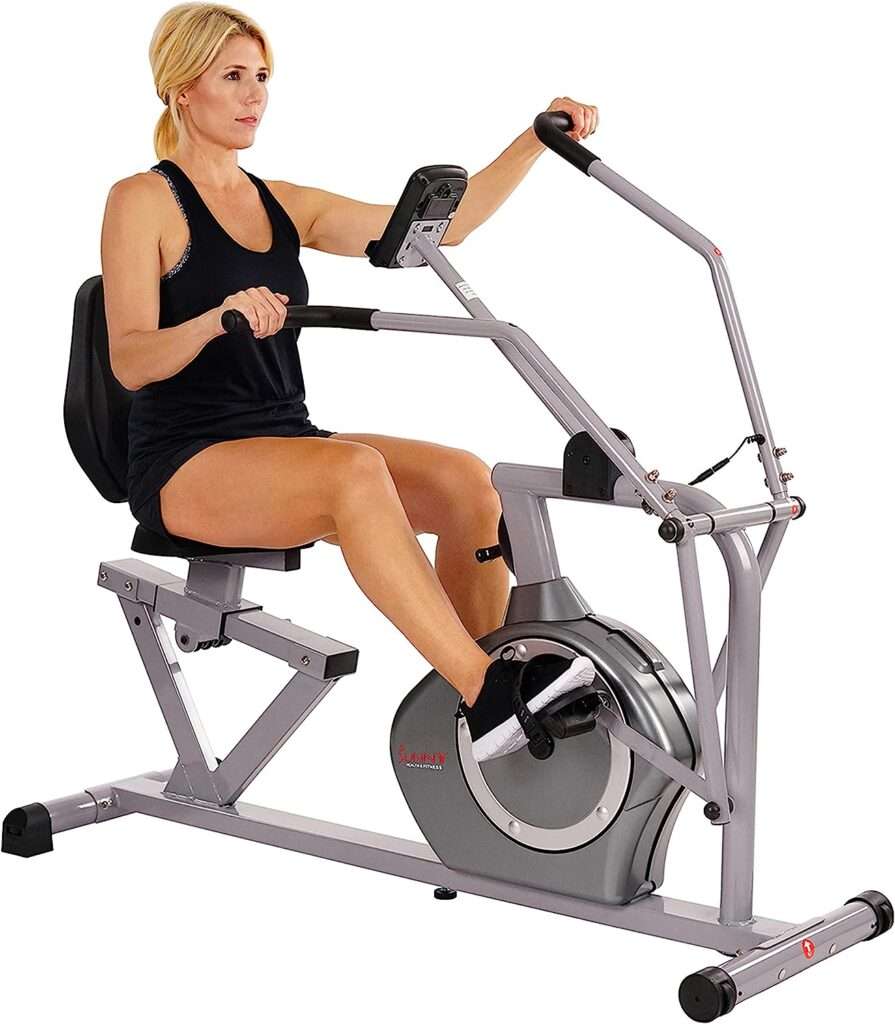 Sunny Health  Fitness Compact Performance Recumbent Bike with Dual Motion Arm Exercisers, Quick Adjust Seat  Optional Exclusive SunnyFit App Enhanced Bluetooth Connectivity