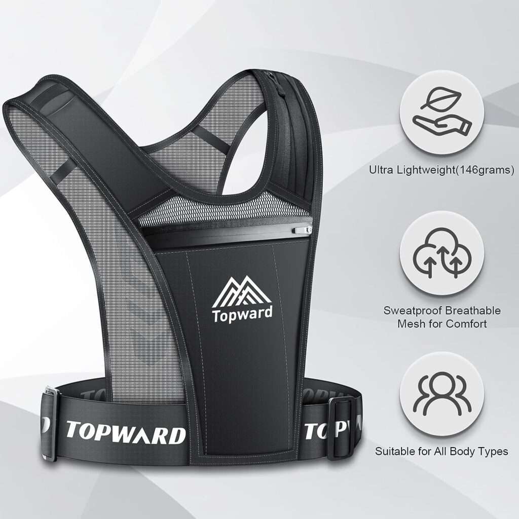 Topward Running Vest Phone Holder for Men Women, Waterproof Cell Phone  Key Pouch, Reflective Hydration Vest Train Free Workout Gear - Lightweight, Breathable Mesh Pockets - Adjustable Waistband