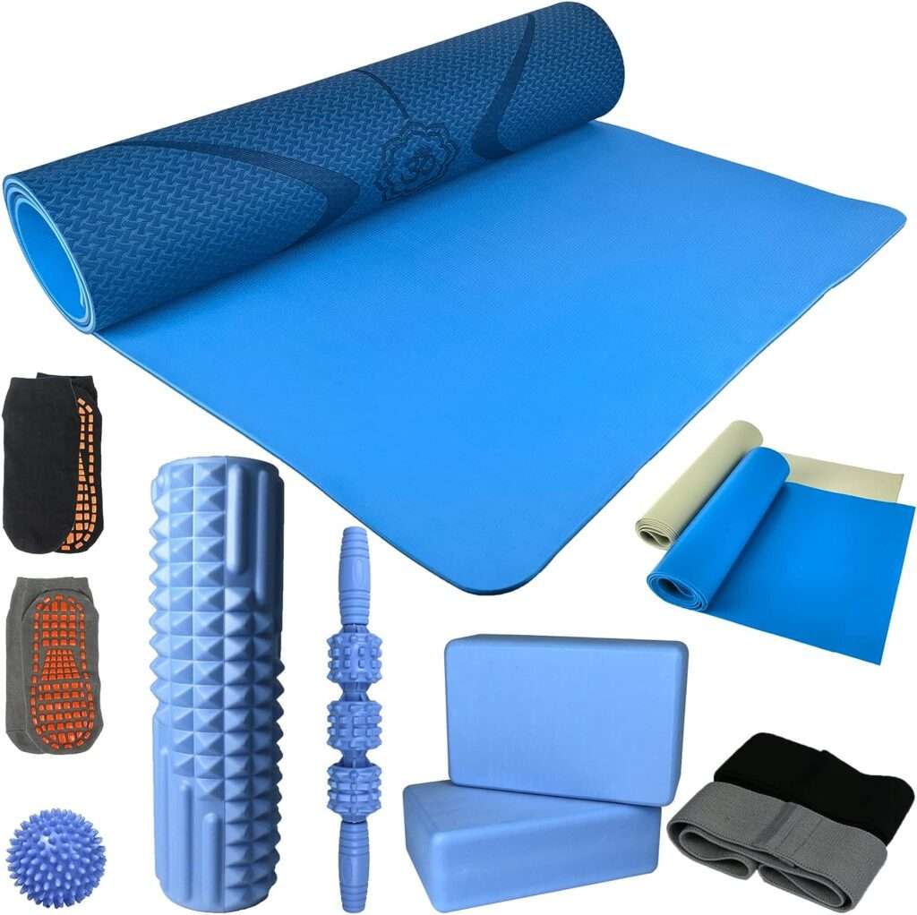 Yoga Starter Kit 12 in 1, Yoga Mat with Carrying Bag, Foam Roller, Muscle Roller Stick, 4 Resistance Bands, Yoga Blocks 2 Pack, Grip Socks 2 Pairs, Massage Ball, Yoga Kit and Set for Beginners, Women