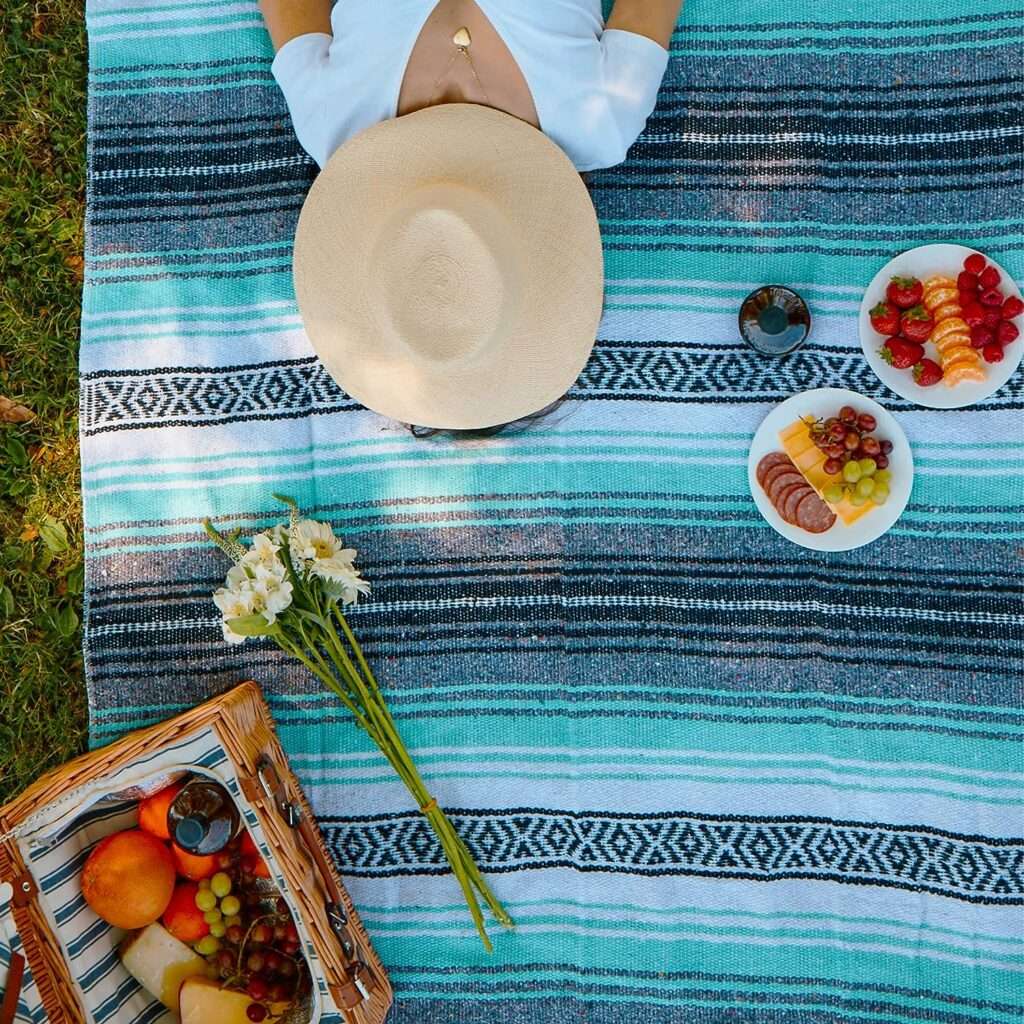Benevolence LA Authentic Mexican Cotton Acrylic Blanket, Handwoven Serape Blanket, Perfect for Beach, Picnic, Outdoor, Yoga, Camping, Car, Woven, Mint, 50x70 inches : Sports  Outdoors