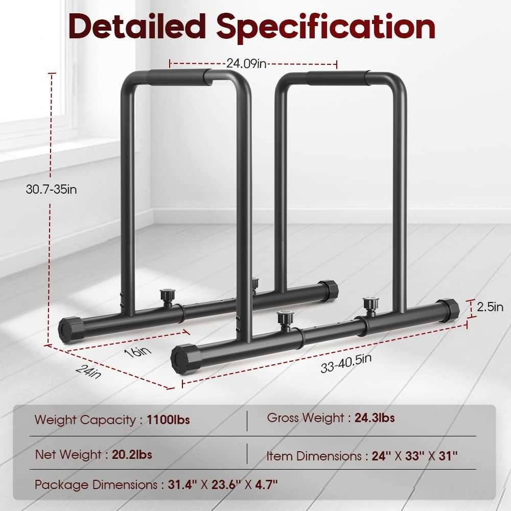 Dripex 1100lbs Adjustable Dip Bar Heavy Duty Steel Dip Station, Home Dip Stand with Two Safety Connectors, Parallel Bars Dip Equipment for Calisthenics, Strength Training