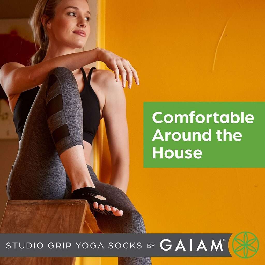 Gaiam Grippy Studio Yoga Socks for Extra Grip in Standard or Hot Yoga, Barre, Pilates, Ballet or at Home for Added Balance and Stability, Black, Small-Medium, One Size