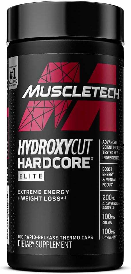 Hydroxycut Hardcore Elite | Maximum Intensity Supplement Pills | Focus + Energy Pills | 100 Pills
