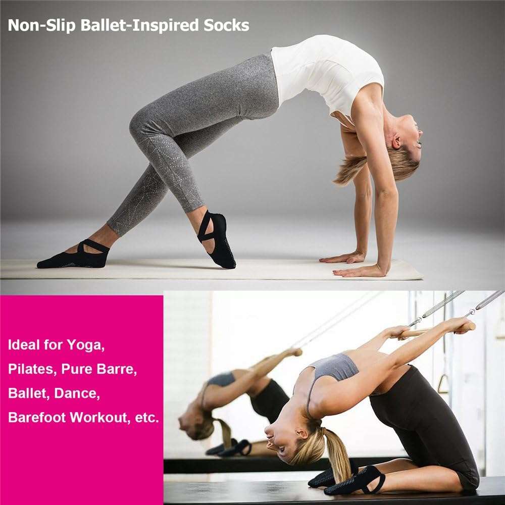 Ozaiic Yoga Socks for Women Non-Slip Grips  Straps, Ideal for Pilates, Pure Barre, Ballet, Dance, Barefoot Workout