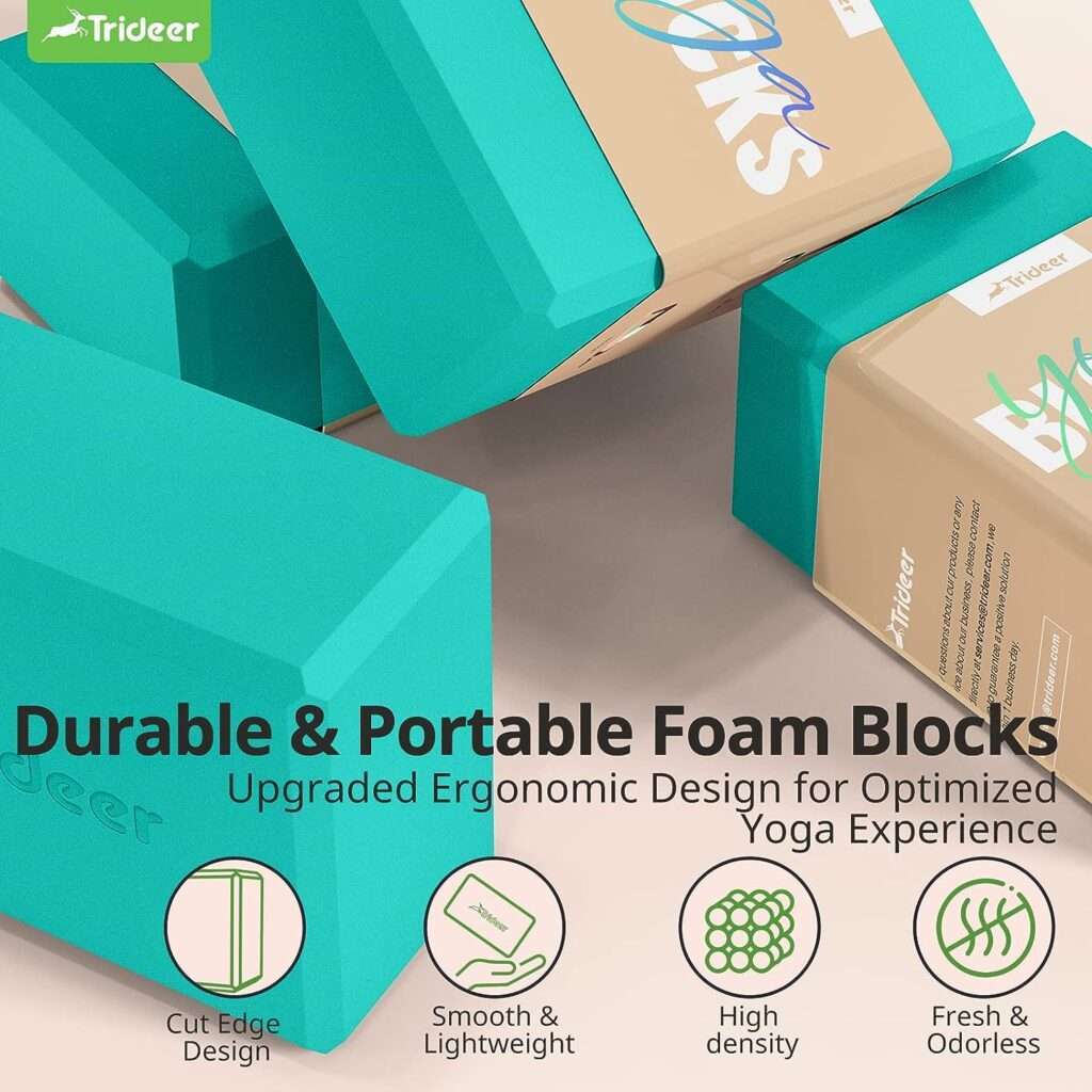 Trideer Yoga Blocks 2 Pack with Strap, Non-Slip EVA Foam  8 ftStretching Strap, High Density Yoga Blocks and Strap Set for Pilates, General Fitness Stretching, Toning Workouts and Meditation