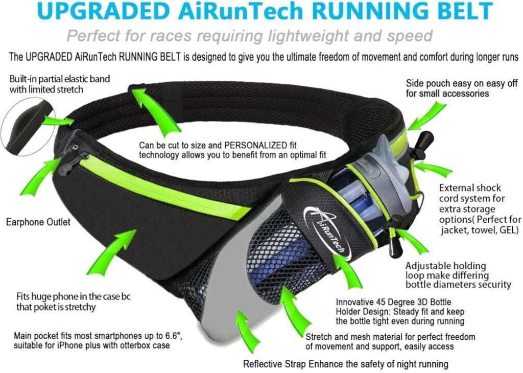 AiRunTech Upgraded No Bounce Hydration Belt Can be Cut to Size Design Strap for Any Hips for Men Women Running Belt with Water Bottle Holder with Large Pocket Fits Most Smartphones