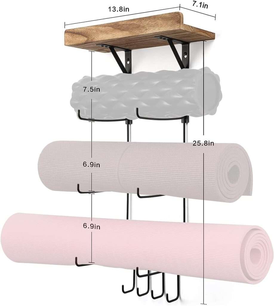 Bikoney Yoga Mat Holder Wall Mount Yoga Mat Storage Home Gym Accessories with Wood Floating Shelves and 4 Hooks for Hanging Foam Roller and Resistance Bands Fitness Home Gym