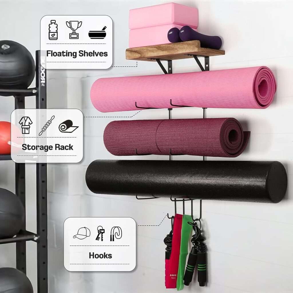 Bikoney Yoga Mat Holder Wall Mount Yoga Mat Storage Home Gym Accessories with Wood Floating Shelves and 4 Hooks for Hanging Foam Roller and Resistance Bands Fitness Home Gym