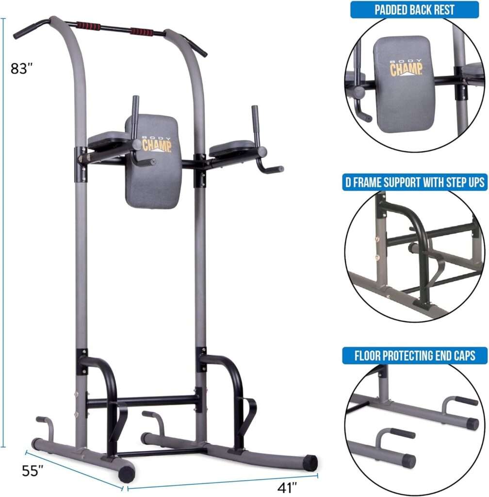 Body Champ Multi-Function Pull Up Bar, Exercise Equipment, Home Gym Power Tower, Power Station for Pull Ups, Push Ups, Vertical Knee and Leg Raises and Dip Stand, VKR1010, Grey, One Size