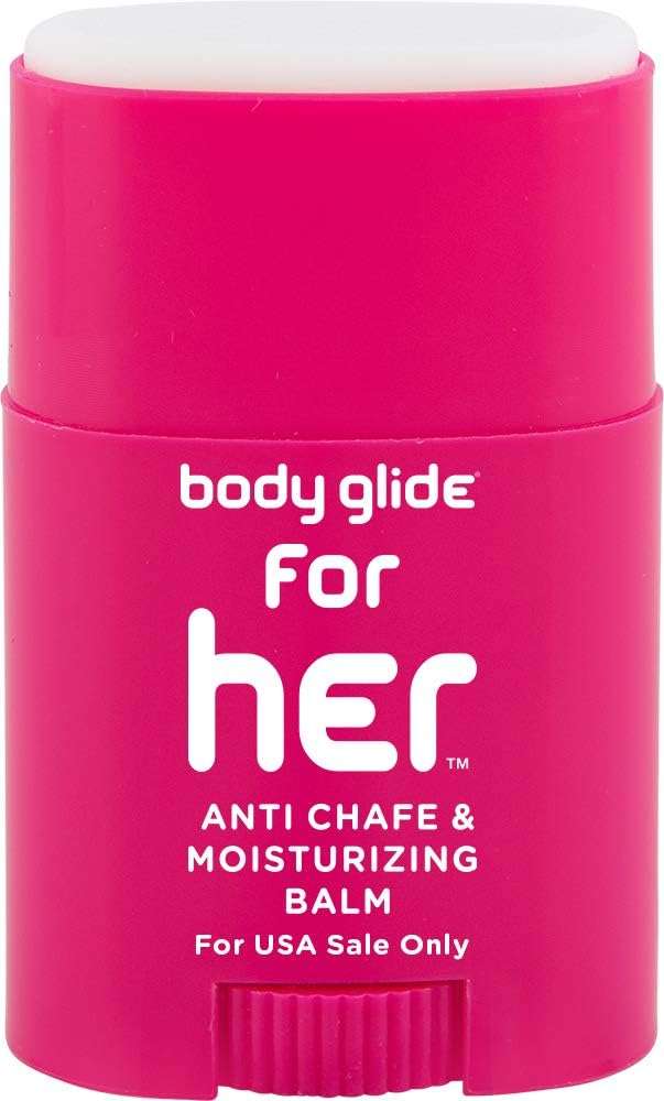 Body Glide For Her Anti Chafe Balm 0.8oz: anti chafing stick with added emollients. Prevent rubbing leading to chafing, raw skin, and irritation. Use for arm, chest, bra, butt, groin,  thigh chafing