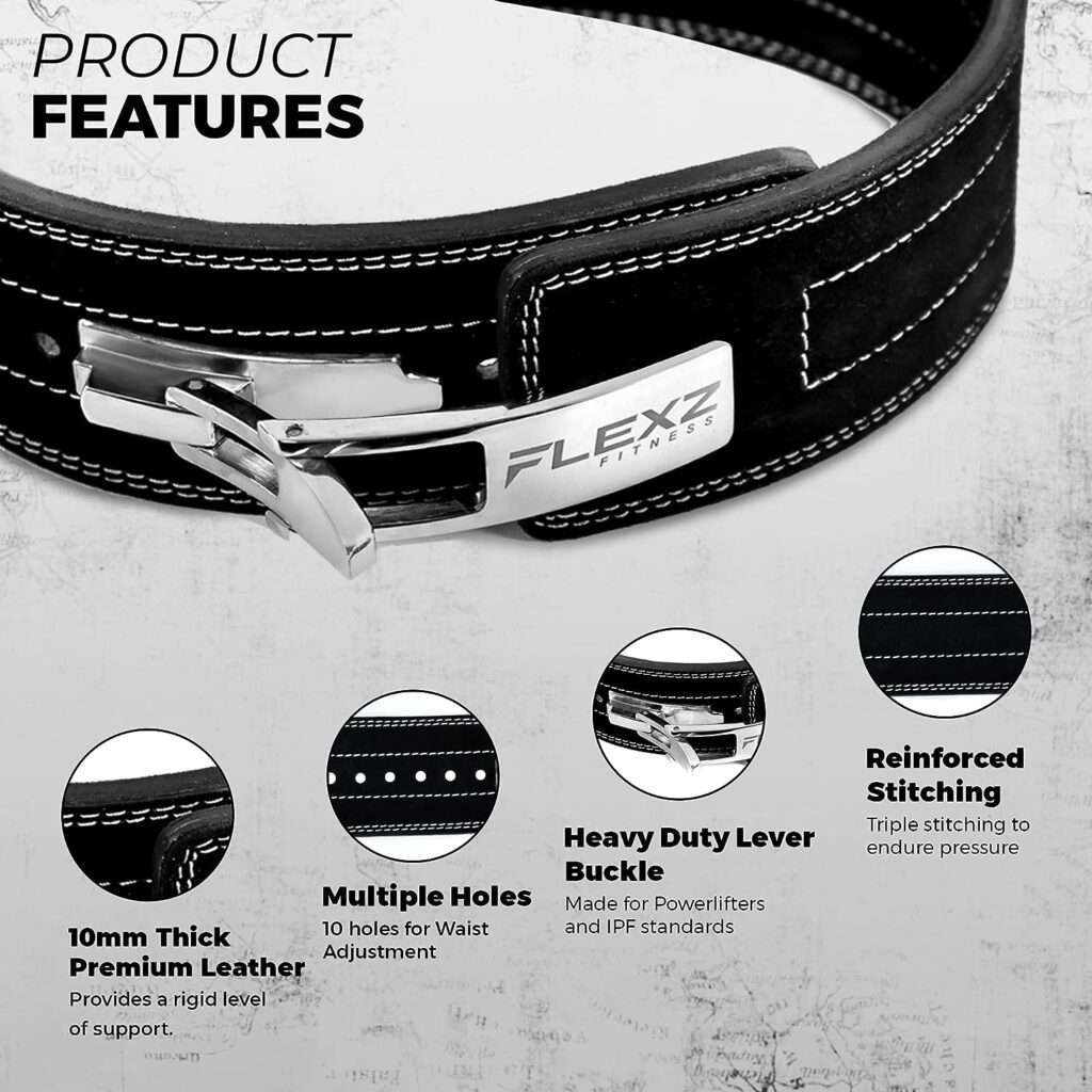 Flexz Fitness Lever Weight Lifting Leather Belt - 10mm Powerlifting Gym Belts for Men  Women - Lower Back Support for Weightlifting Deadlifts Squats