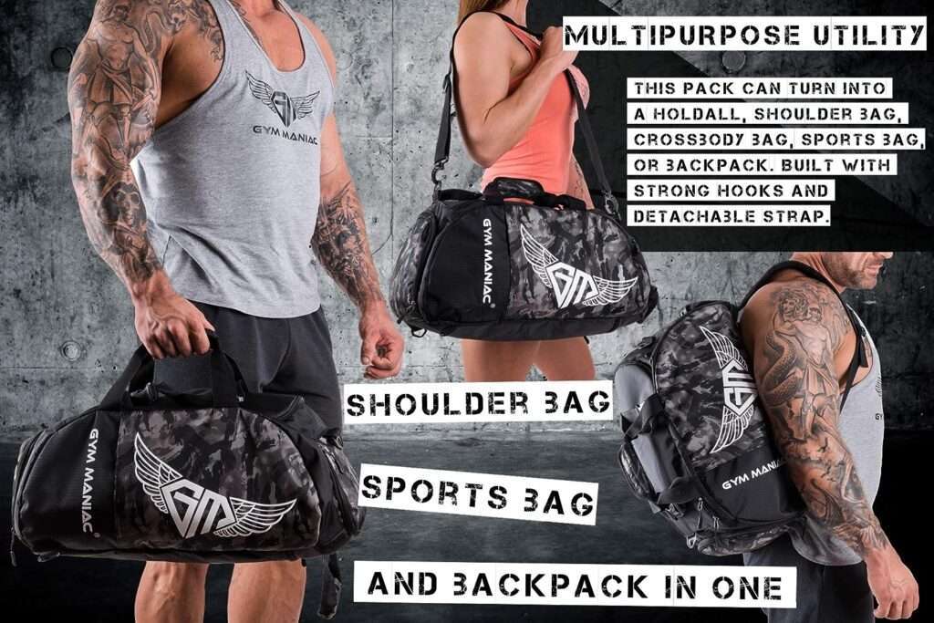 Gym Maniac Gym Bag with Shoe Compartment for Men and Women - Versatile Design Doubles as a Duffle, Backpack, Overnight and Crossbody - Workout Gear and Sports Accessories - Football, Cheer, Wrestling