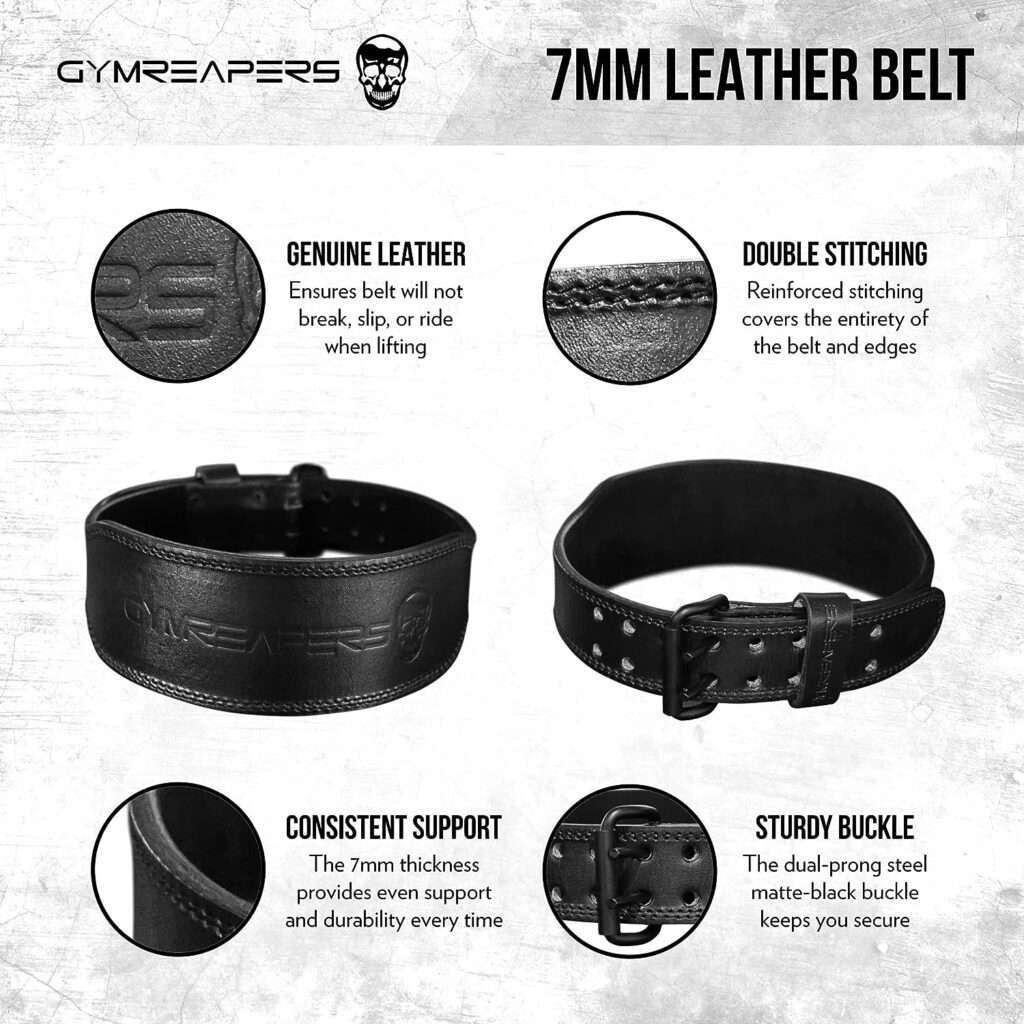 Gymreapers Weight Lifting Belt - 7MM Heavy Duty Pro Leather Belt with Adjustable Buckle - Stabilizing Lower Back Support 4 Inches Wide For Weightlifting, Bodybuilding, Cross Training