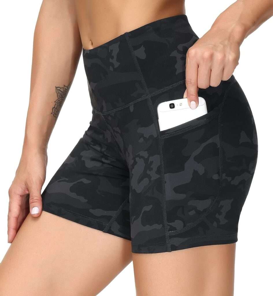 High Waist Yoga Shorts for Womens Tummy Control Fitness Athletic Workout Running Shorts with Deep Pockets