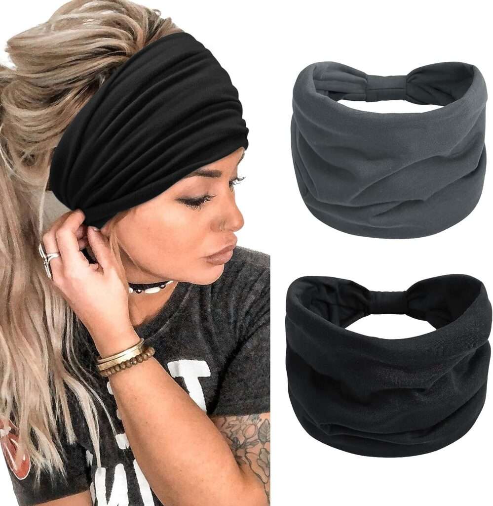TERSE 2 Packs Headbands for Women Boho Extra Wide 7’’ Black Head Bands African Knotted Non Slip Fashion Hair Band Stretch Yoga Workout Running Gym Hairbands Turban Bandana for Girls (Black+Drak Grey)