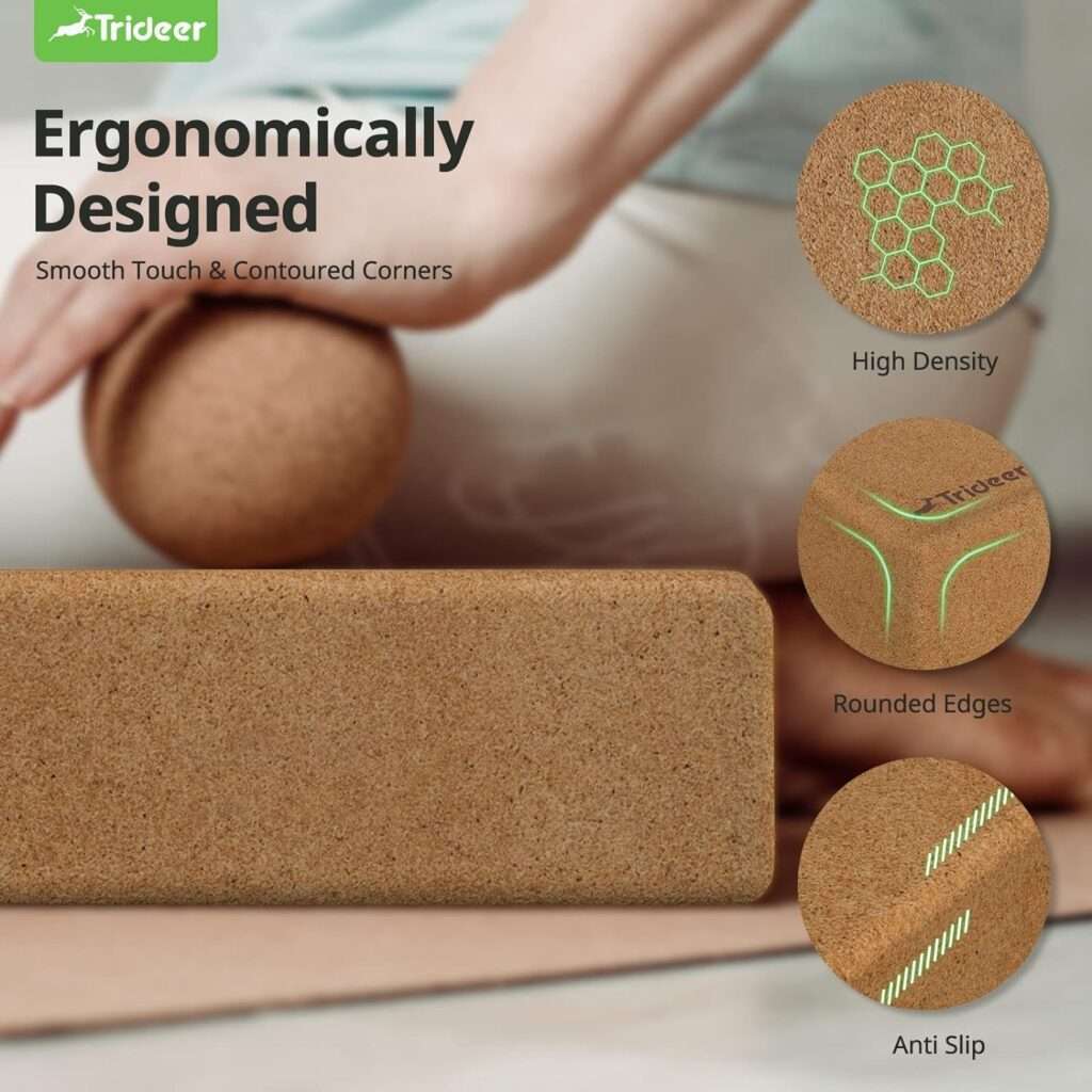 Trideer Cork Yoga Blocks, 2 Pack Yoga Blocks Natural Cork, High Density Yoga Block with Non Slip Surface, Eco-Friendly Yoga Accessories for Women, Ideal for Yoga, Pilates, Stretching, 9*6*3