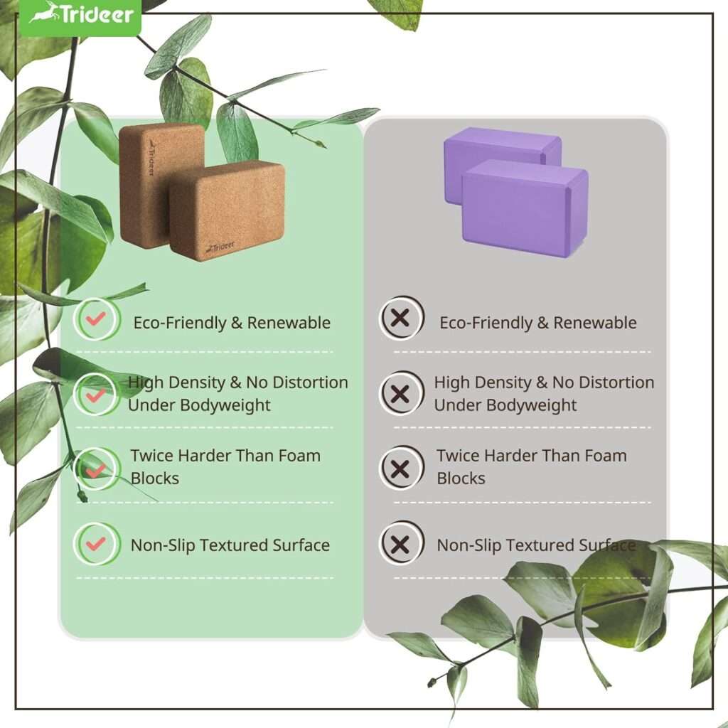 Trideer Cork Yoga Blocks, 2 Pack Yoga Blocks Natural Cork, High Density Yoga Block with Non Slip Surface, Eco-Friendly Yoga Accessories for Women, Ideal for Yoga, Pilates, Stretching, 9*6*3